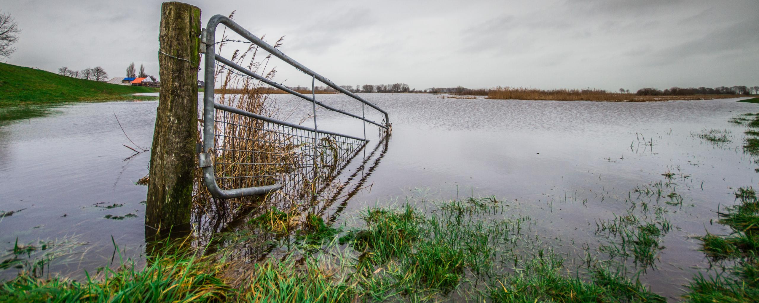 houten hek staat voor een gedeelte in het water door hoogwater