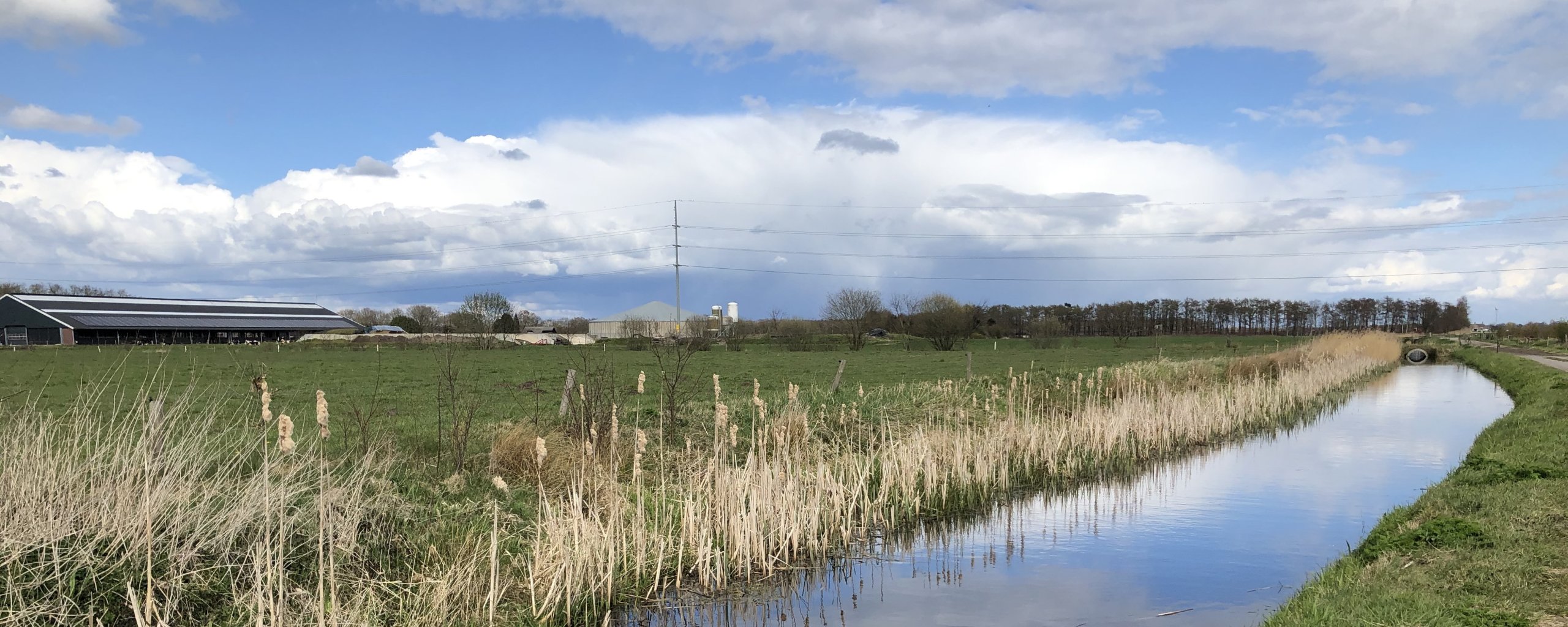 Watergang tussen Oudleusen en Ommen met gras, blauwe lucht en wolken