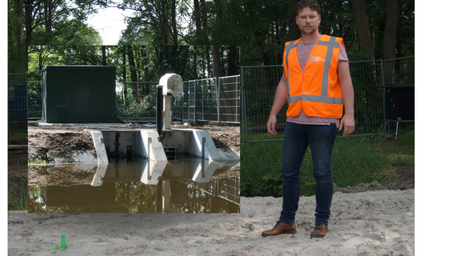 Foto van Ferry Zieleman met naast hem het gerenoveerde gemaal Meertje.