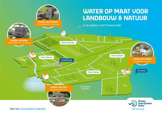 Gebiedskaart rond Scheerwolde met uitgelichte locaties van: Gemaal Halfweg, gemaal Gelderingen, gemaal Giethoorn en gemaal Wetering.
