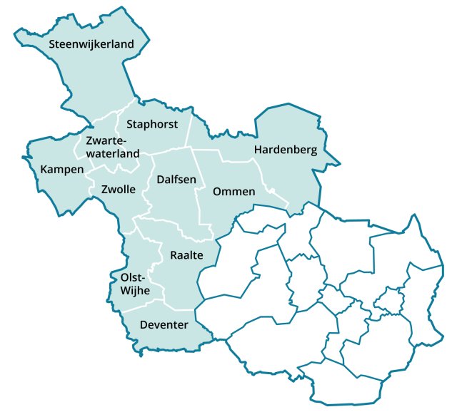 Op deze kaart worden de gemeenten Steenwijkerland, Staphorst, Zwartewaterland, Kampen, Zwolle, Dalfsen, Ommen, Hardenberg, Raalte, Olst-Wijhe en Deventer in beeld gebracht. Dit zijn de gemeenten die samenwerken in het RES.