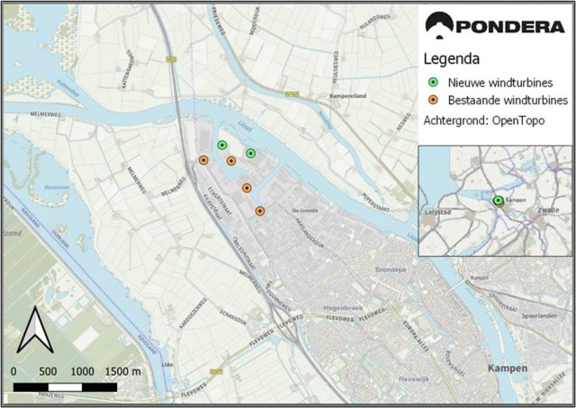 Kaart met bovenaanzicht van kampen, met daarop aangegeven met oranje bolletjes waar de bestaande windturbines staan en met groene bolletjes aangegeven waar de nieuwe windturbines komen.