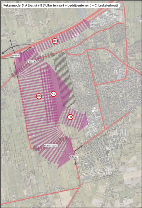 Kaart Rekenmodel 5. A (basis) + B ( Tolbertervaart + bedrijventerrein) + C (Leeksterhout)