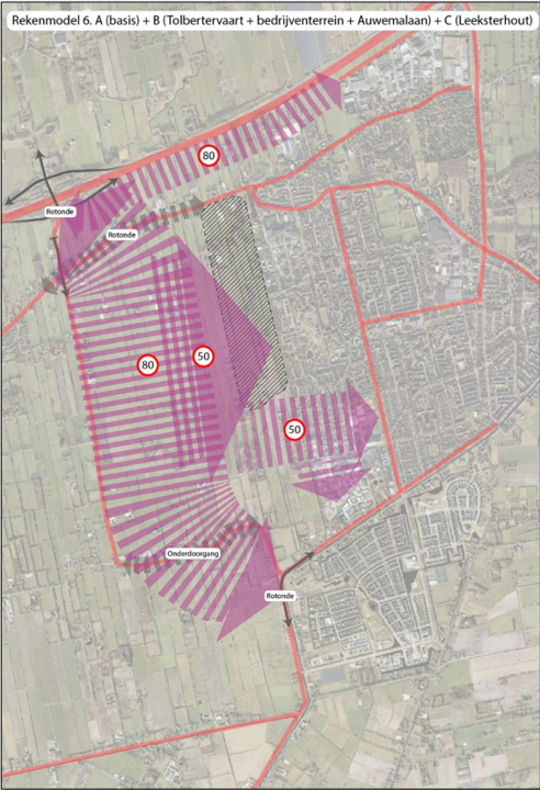 Kaart Rekenmodel 6. A (basis) + B (Tolbertervaart + bedrijventerrein + Auwemalaan) + C (Leeksterhout)