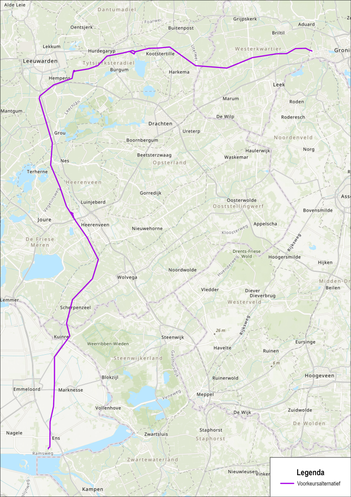 Het voorkeursalternatief loopt van Vierverlaten (Groningen) naar Ens (Flevoland) door het Westerkwartier heen
