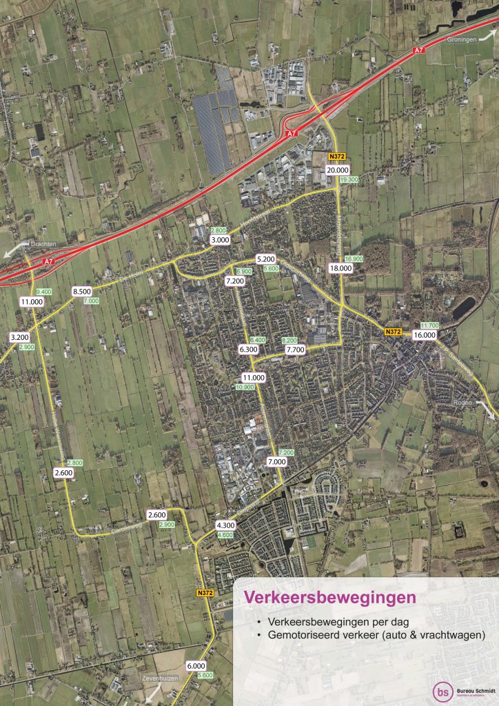 Kaart van Leek-Tolbert met verkeersintensiteiten 2022 en 2025 per weg