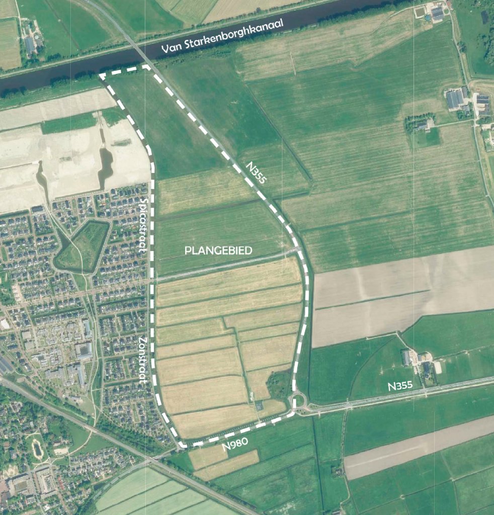 Luchtfoto van het plangebied. Het plangebied ligt tussen de huidige wijk Oostergast, het van Starkenborgkanaal, de N355 en de N980.