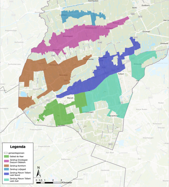 Overzichtskaart met de deelgbieden uit tabel 2
