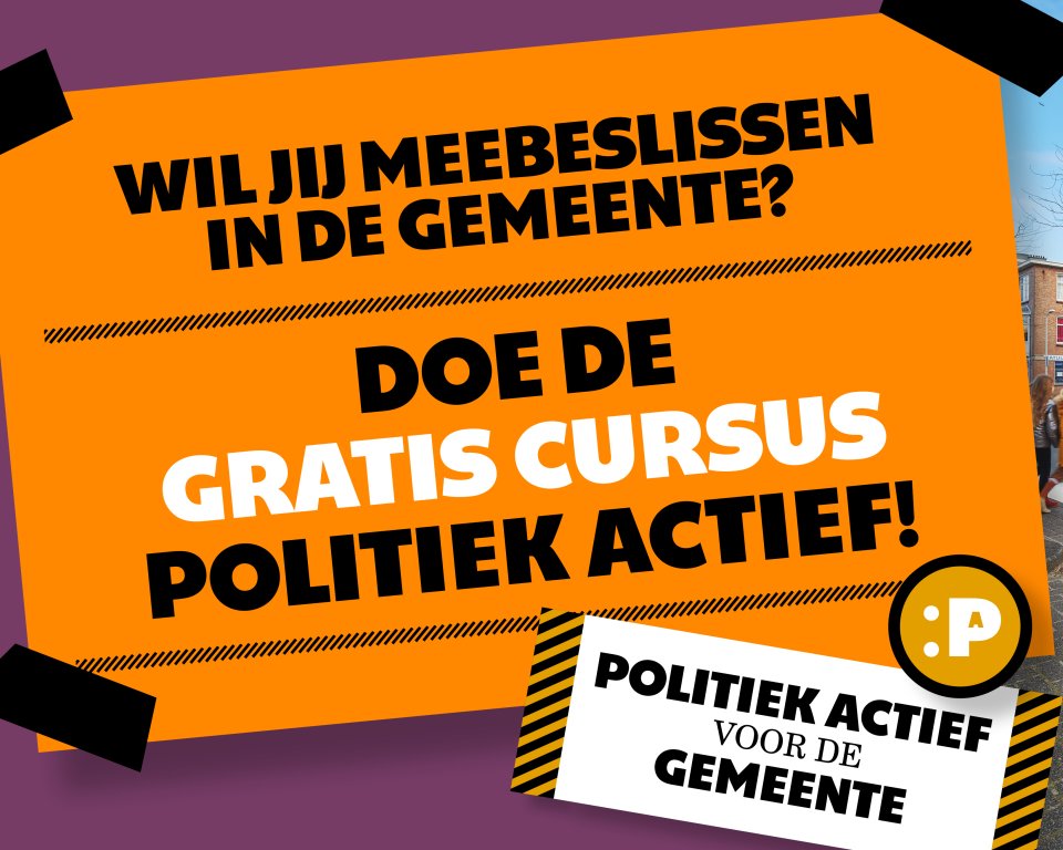 Afbeelding met tekst: Doe de gratis cursus politiek actief