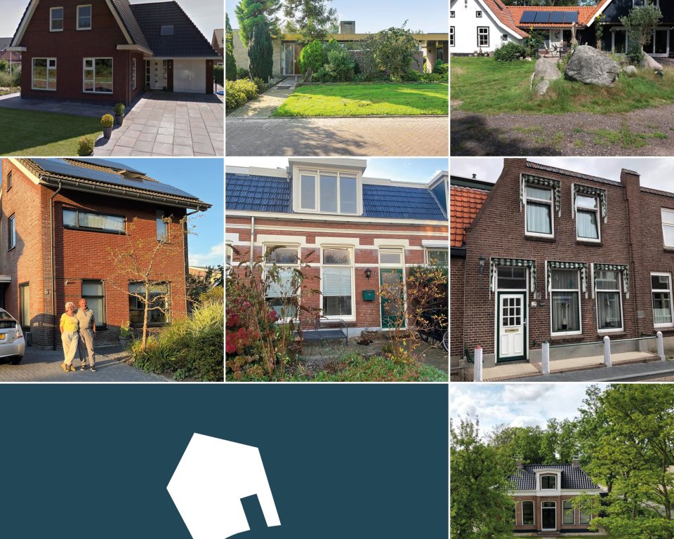 Een collage van zeven duurzame huizen in Friesland.