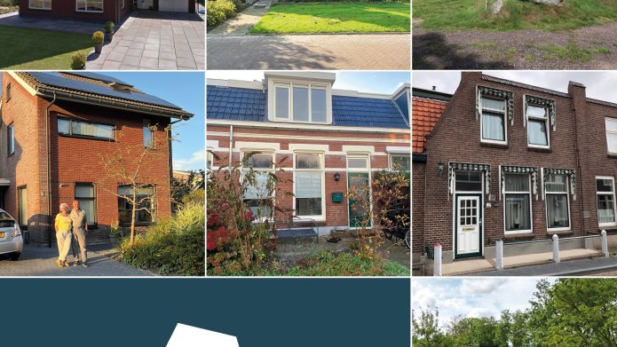 Een collage van zeven duurzame huizen in Friesland.