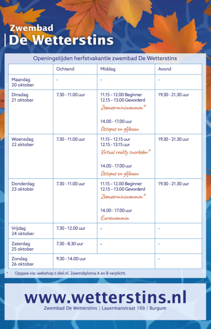 afbeelding van rooster openingstijden herfstvakantie 2025