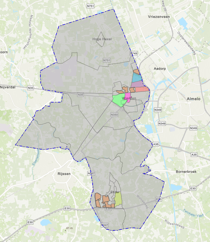 Kaart van de gemeente Wierden waarop vijf geselecteerde buurten zijn gemarkeerd voor een verkenning naar duurzame alternatieven voor aardgas: Wierden Centrum, Hooilanden en De Weuste, De Stouwe, Enter Oost (Goorens) en Wierden West.