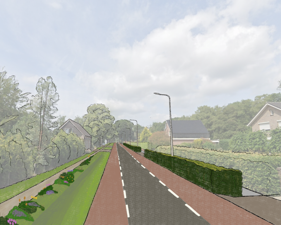 Impressie van de nieuwe inrichting van de Nijverdalsestraat in Wierden, met een smallere rijbaan en brede rode fietsstroken aan beide zijden van de weg.