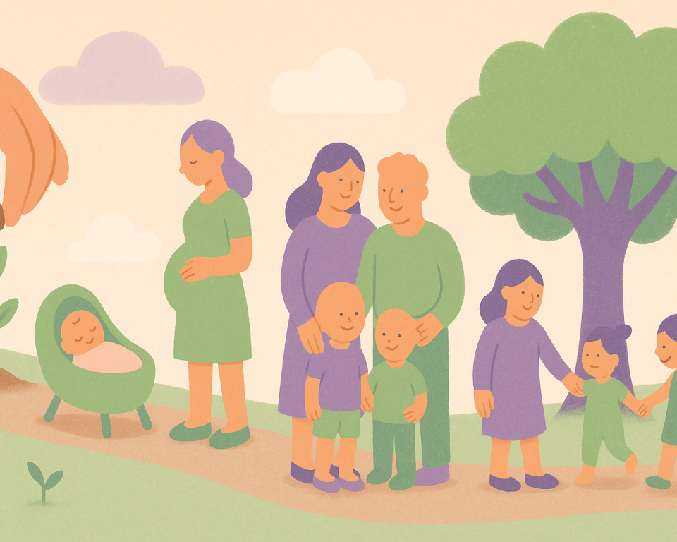 Illustratie van het proces van een kansrijke start: een hand plant een zaadje, gevolgd door een groeiende plant, een slapende baby in een wieg, een zwangere vrouw, een gezin met jonge kinderen, en een alleenstaande ouder met spelende kinderen onder een boom. De scènes zijn verbonden door een slingerend pad en uitgevoerd in zachte pastelkleuren.