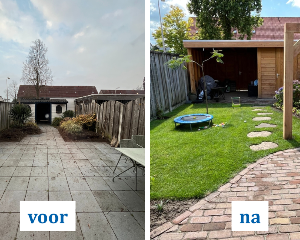 Voor- en nafoto van een versteende tuin die is omgetoverd tot een groene, gezellige tuin met gras en planten.