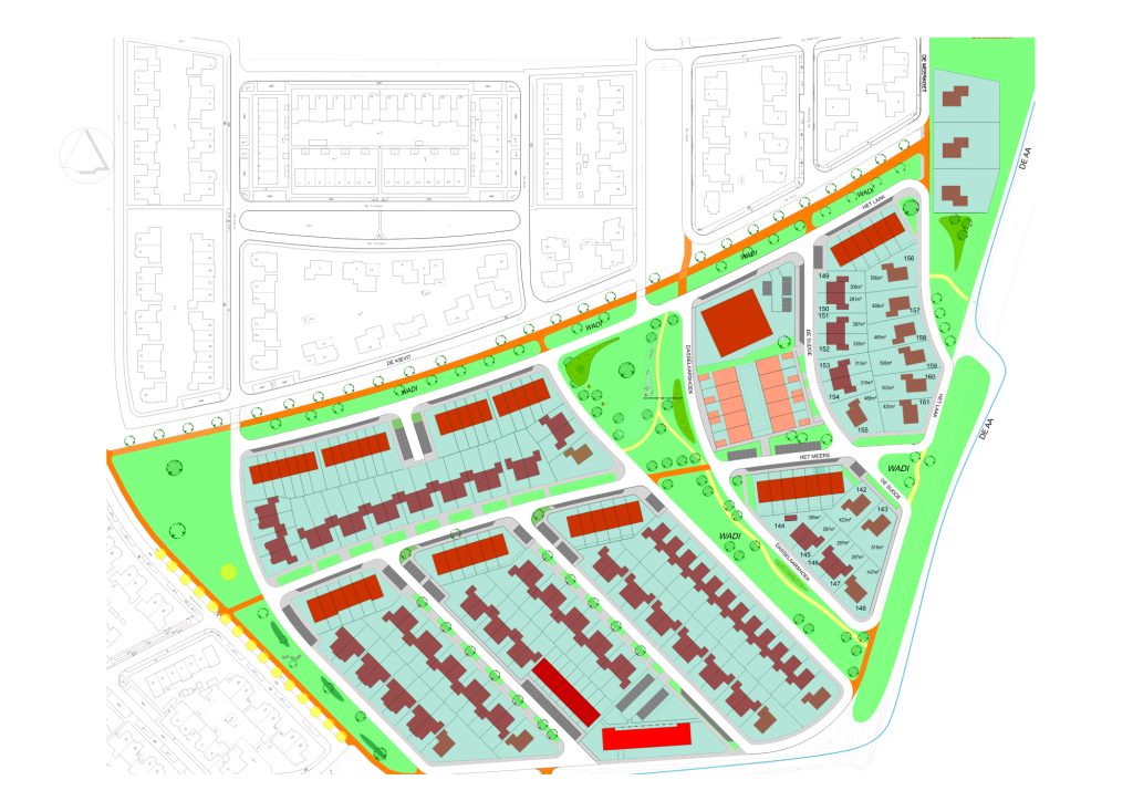 Verkavelingsplan Zuidbroek Wierden met woningblokken, wegen, groenstroken en wadi’s overzichtelijk in kaart gebracht.