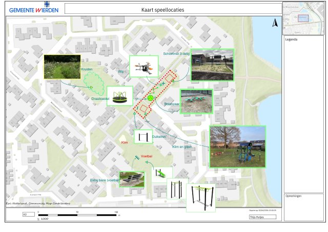 Kaart van de woonwijk in De Stouwe - Europaring (oost) met voorgestelde speelplekken. Op de kaart staan locaties met speeltoestellen, groen, sportplekken en foto's ter illustratie.