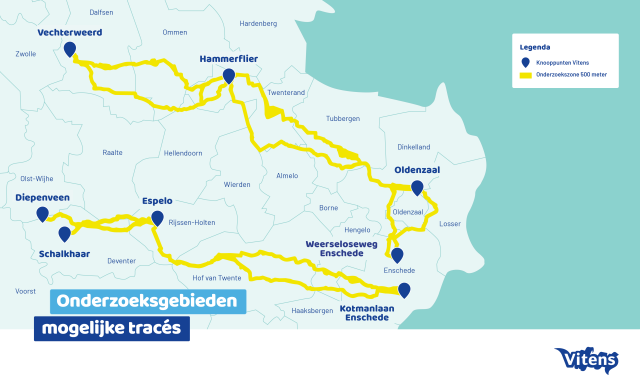 Impressie van de mogelijke tracés van de drinkwaterverbinding door Overijssel.