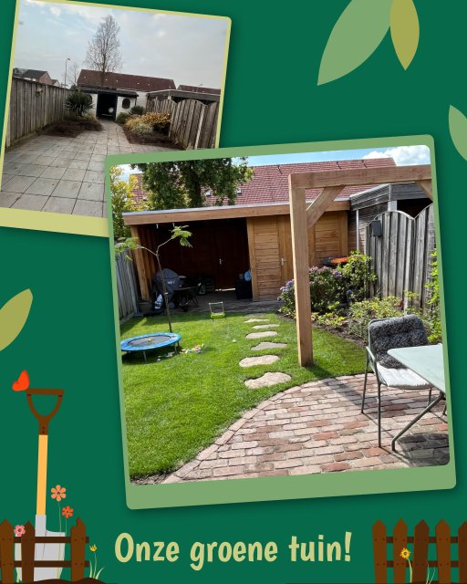 Voor- en nafoto van een versteende tuin die is omgetoverd tot een groene, gezellige tuin met gras en planten.