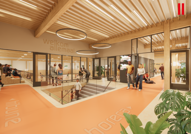 Ontvangsthal van sporthal Esrand, een lichte ruimte met houten details en glazen wanden naar de sportzaal, waar sporten en ontmoeten samenkomen.