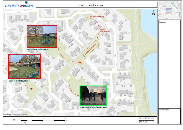 Kaart van de Stouwe - Europaring (oostzijde) met voorgestelde wijzigingen in speelplekken.