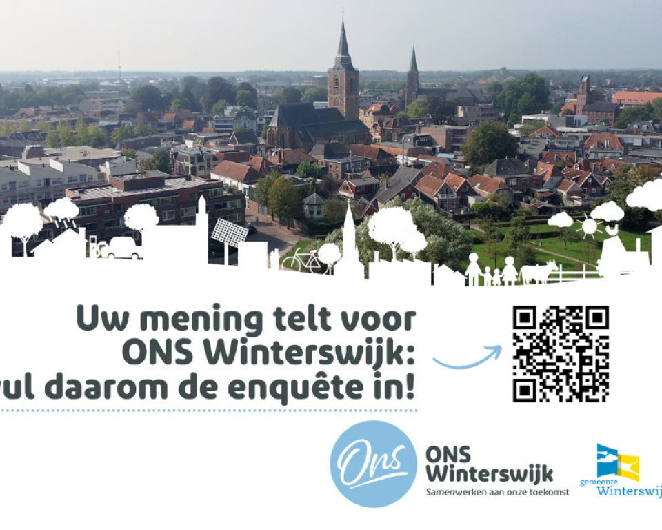 Overzichtsfoto van Winterswijk met de oproep om de enquête in te vullen.