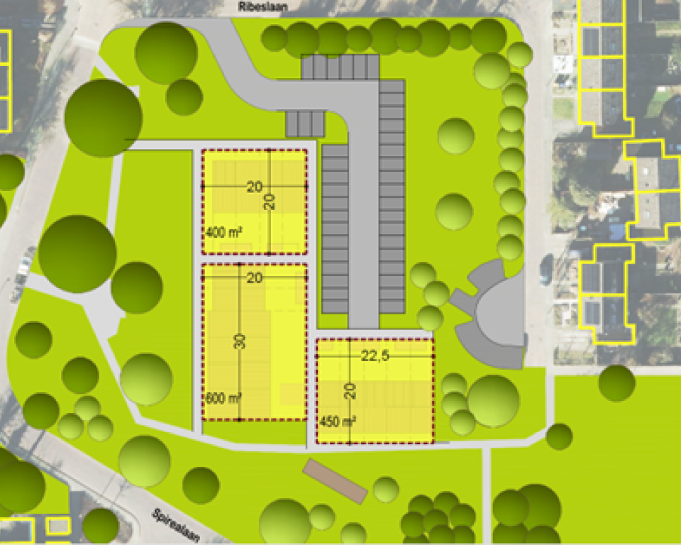 Plattegrond kaart van de beschikbare kavels aan de Ribeslaan