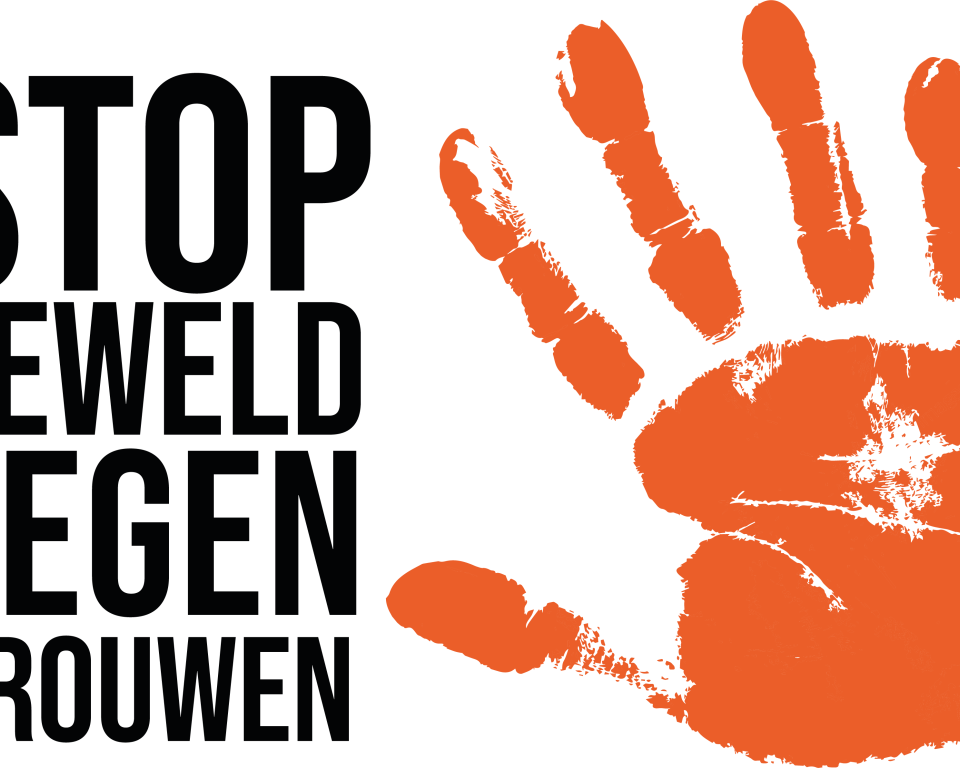 Zwarte tekst: stop geweld tegen vrouwen, met een oranje handafdruk