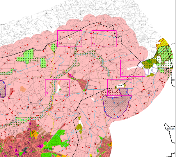 landkaart Bocholt grens Winterswijk met daarop gebieden mogelijk geschikt voor windmolens