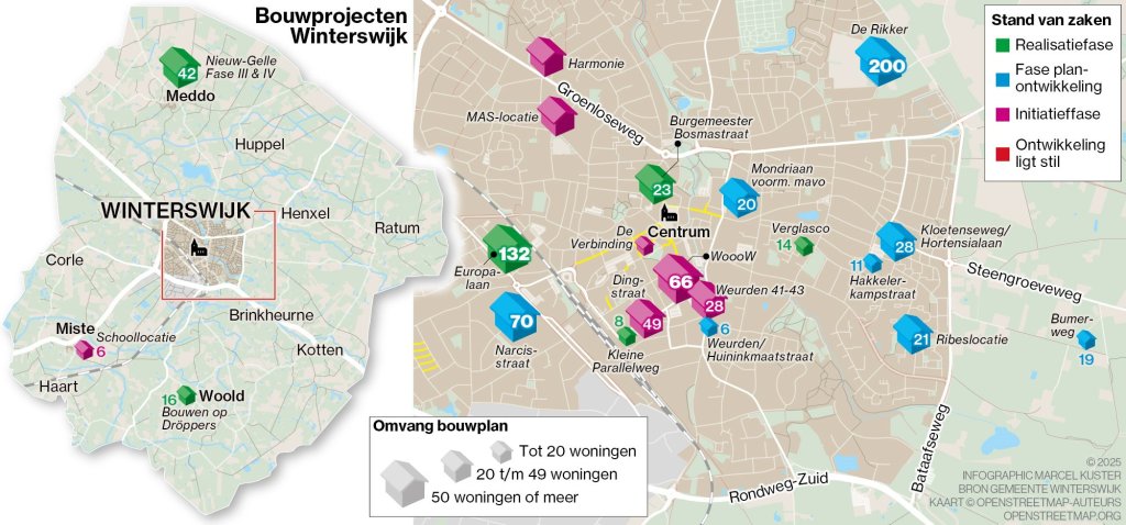 Deze afbeelding bevat een kaartje met woningbouwprojecten in Winterswijk. Kunt u dit kaartje niet goed lezen? Neem dan contact op met de gemeente. Wij staan u graag te woord.