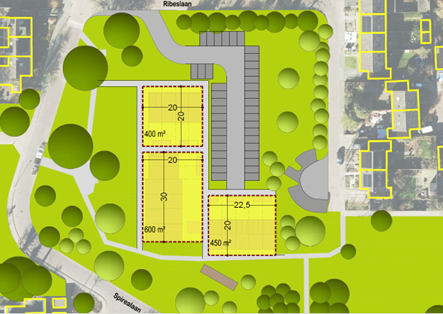 Plattegrond kaart van de beschikbare kavels aan de Ribeslaan