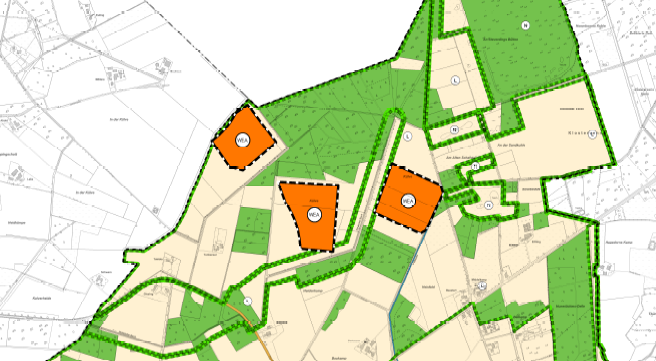 Kaartje met de 3 locaties van de windmolenprojecten in Rhede