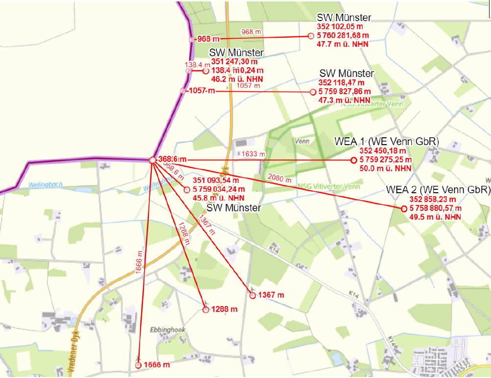Kaartje met de locaties van de windmolenprojecten in Südlohn