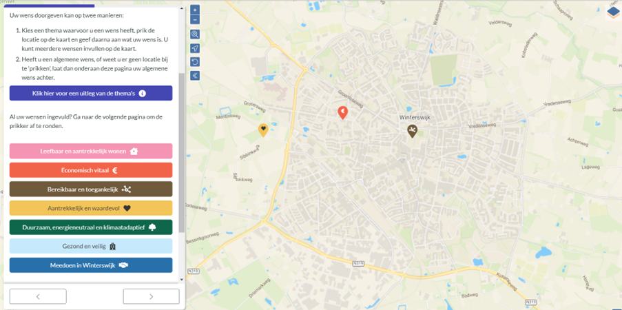 Screenshot van de wensprikker met aan de linkerkant de thema's en aan de rechterkant een kaartje van Winterswijk