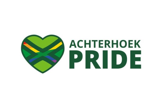 Vlag van de Achterhoek met regenboog element in hartvorm en de tekst: Achterhoek Pride