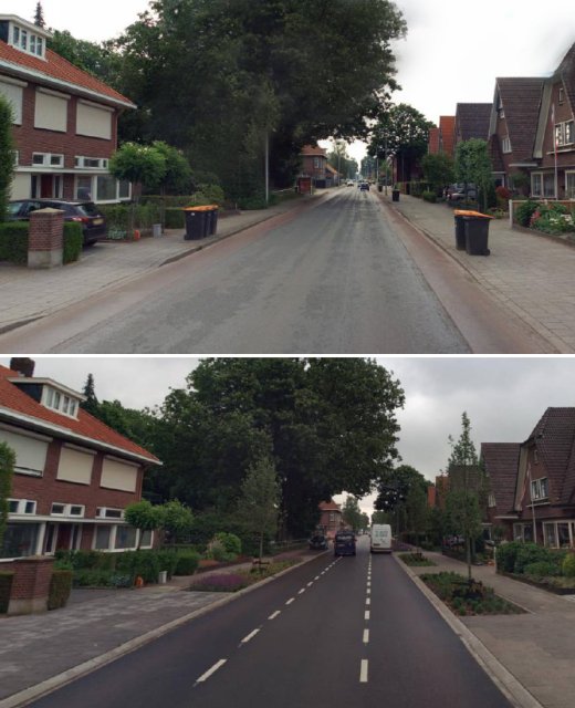 Foto bovenaan: Groenloseweg oude situatie en onderaan nieuwe situatie