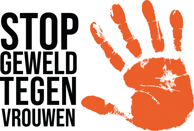 Oranje print van een hand met de tekst 'Stop geweld tegen vrouwen'.