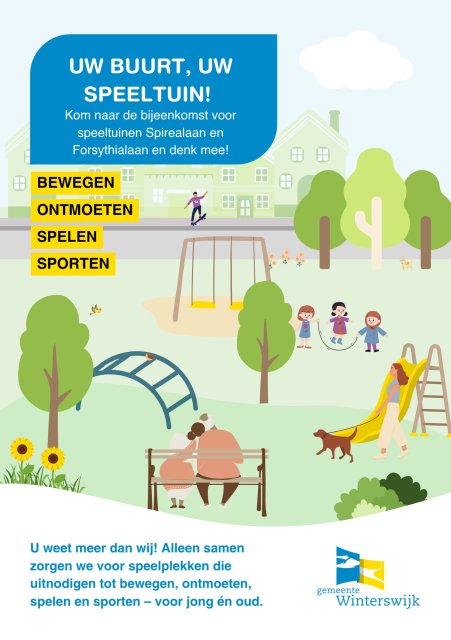 Tekening spelende kinderen in speeltuin en sporter op de achtergrond: bewegen, ontmoeten, spelen, sporten. Zie tekst onder afbeelding