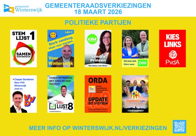 Verkiezingsbord met daarop alle partijen: Samen Winterswijk, Voor Winterswijk, CDA, D66, PvdA, VVD, Lijst 8 Winterswijk, ORDA/ORP, Daadkracht.nu