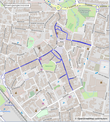 Kaartje voetgangerszone waarop de straten zijn aangegeven. De straatnamen vindt u boven deze afbeelding