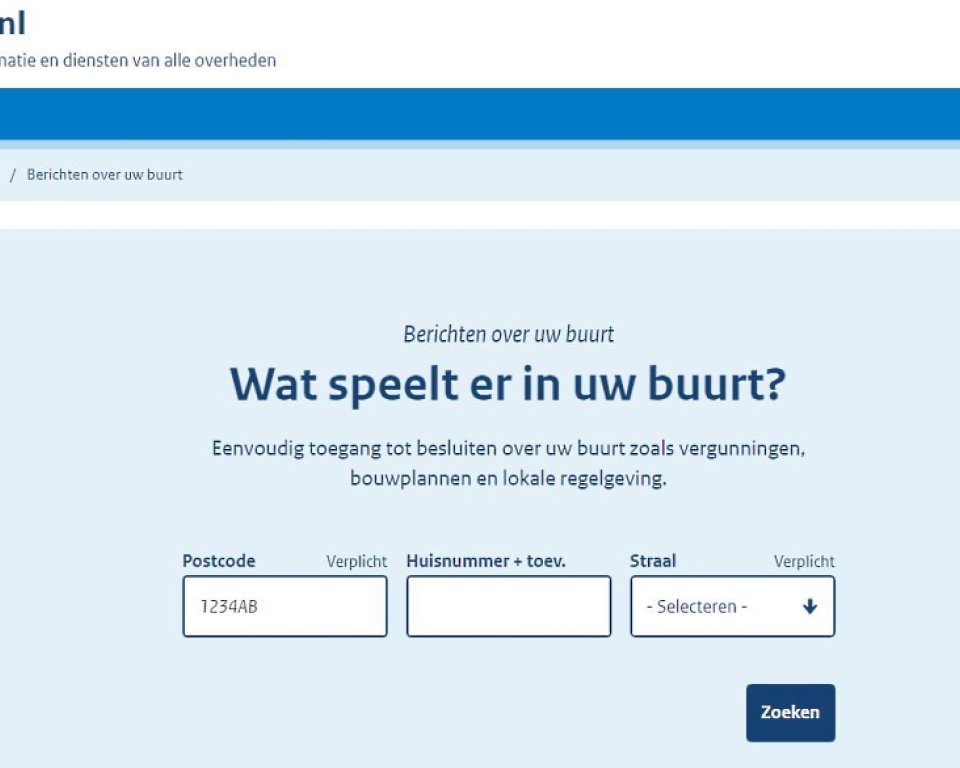 Screenshot van de zoekmachine op de pagina Wat speelt er in uw buurt? op overheid.nl