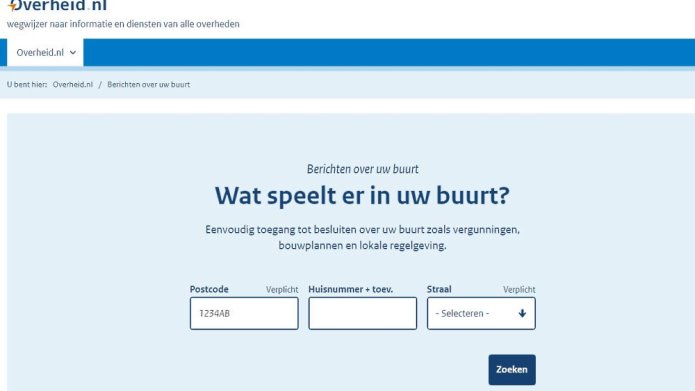 Screenshot van de zoekmachine op de pagina Wat speelt er in uw buurt? op overheid.nl