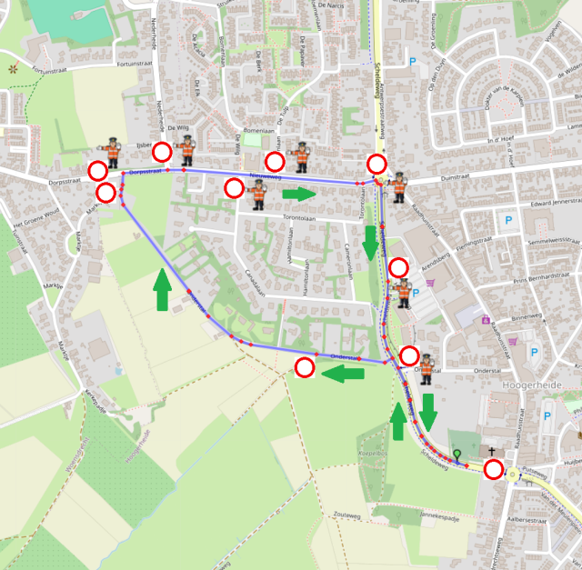 Het parcours van de HIVE Slag om Woensdrecht hardloopwedstrijd voor 2 mei 2026: Start op de Scheldeweg, linksaf naar Onderstal, rechtsaf naar Dorpsstraat (Woensdrecht) en vervolgen op Nieuweweg (Hoogerheide), rechtsaf op Scheldeweg en einde op start-finish locatie.