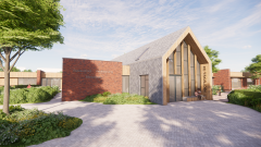 Impressie van de voorzijde met schuine dak