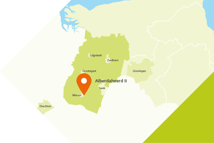 Kaart van de gemeente Westerkwartier met een markering die de ligging van Alberdaheerd II aangeeft, bij Marum in het zuidwesten van de gemeente.