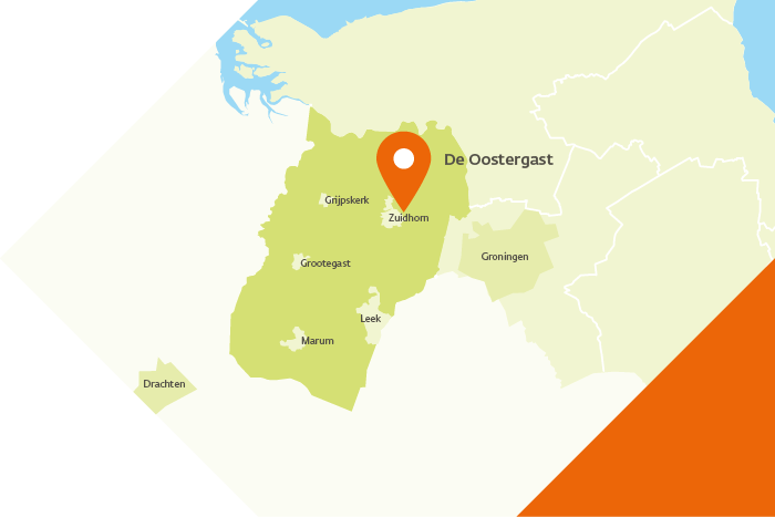 Kaart van de gemeente Westerkwartier met een markering die de ligging van De Oostergast aangeeft, bij Zuidhorn in het noorden van de gemeente.
