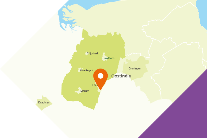 Kaart van de gemeente Westerkwartier met een markering die de ligging van Oostindie aangeeft, bij Leek in het zuidoosten van de gemeente.