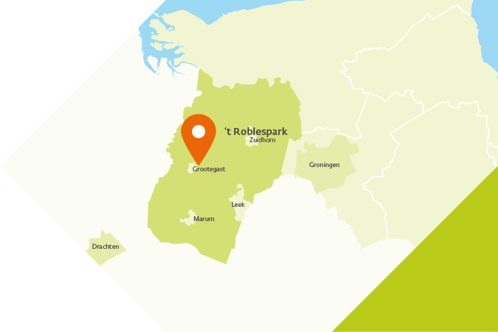 Kaart van de gemeente Westerkwartier met een markering die de ligging van 't Roblespark aangeeft, bij Grootegast in het westen van de gemeente.