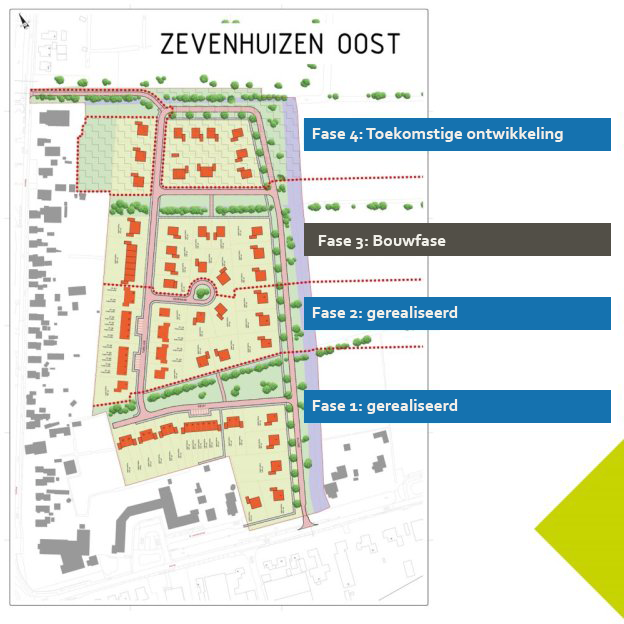 Verkavelingsplan Zevenhuizen Oost met de vier ontwikkelfases. Een volledige beschrijving staat onder de afbeelding.